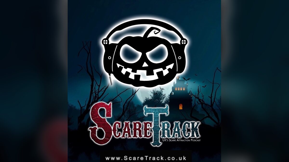 ScareTrack podcast cover art — a jack-o'-lantern wearing headphones